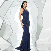 Elegant Long Sequined Sleeveless Diagonal Collar Backless Cocktail Evening Dress Bridesmaid Sequin
